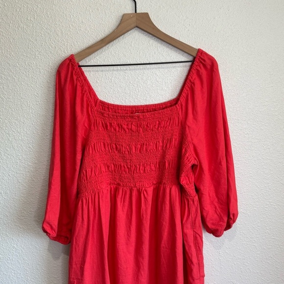 Isabel Maternity Women’s Large Linen Midi Puff Sleeve Dress Smocked Boho Pink - Picture 2 of 8